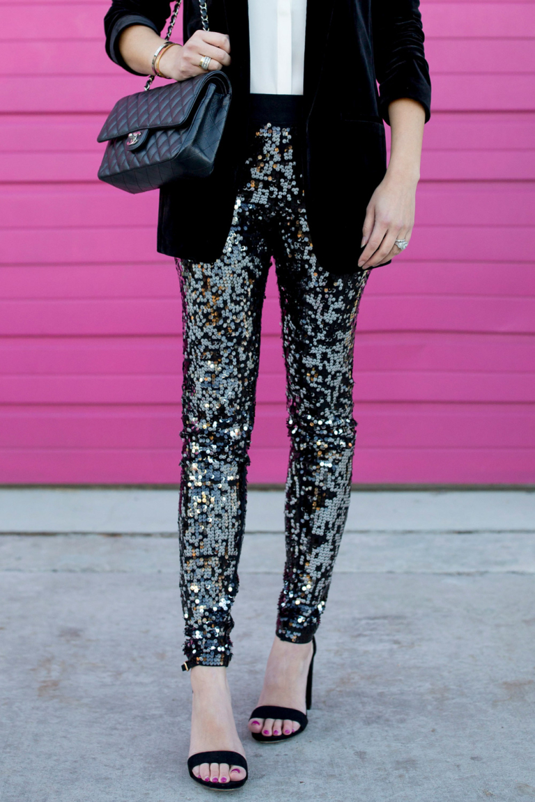 black and silver sequin pants