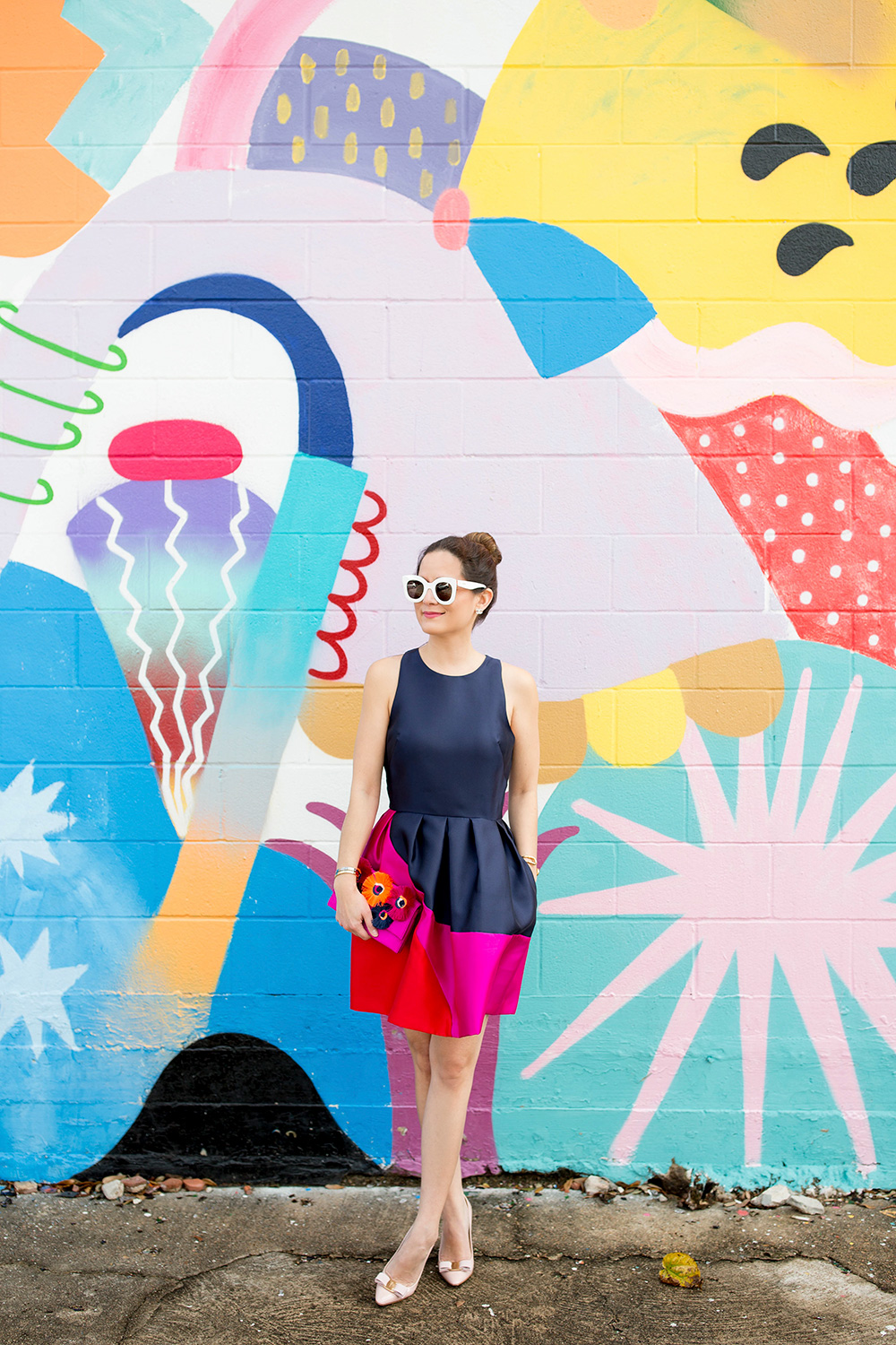 Navy Red Pink Color Block Dress