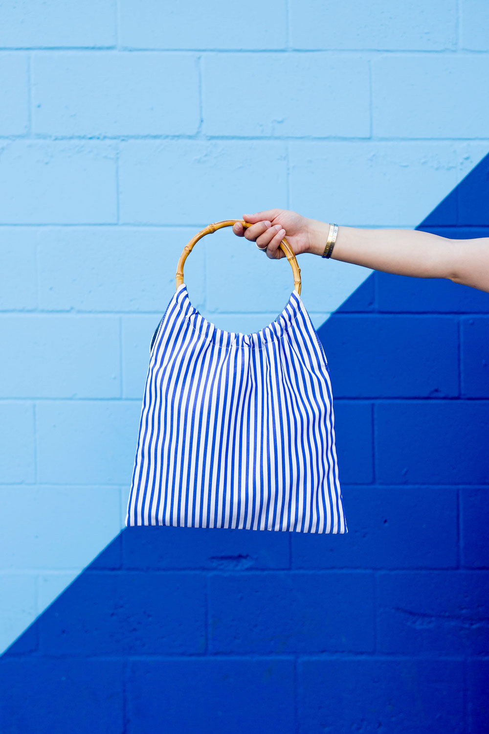 Blue Stripe Bamboo Handle Bag