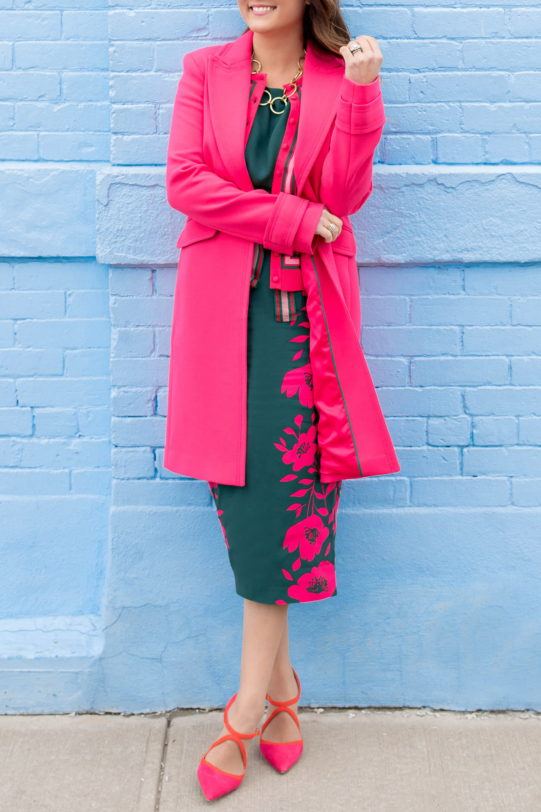 Boden Pink Coat with a Leaf Print Dress | Style Charade