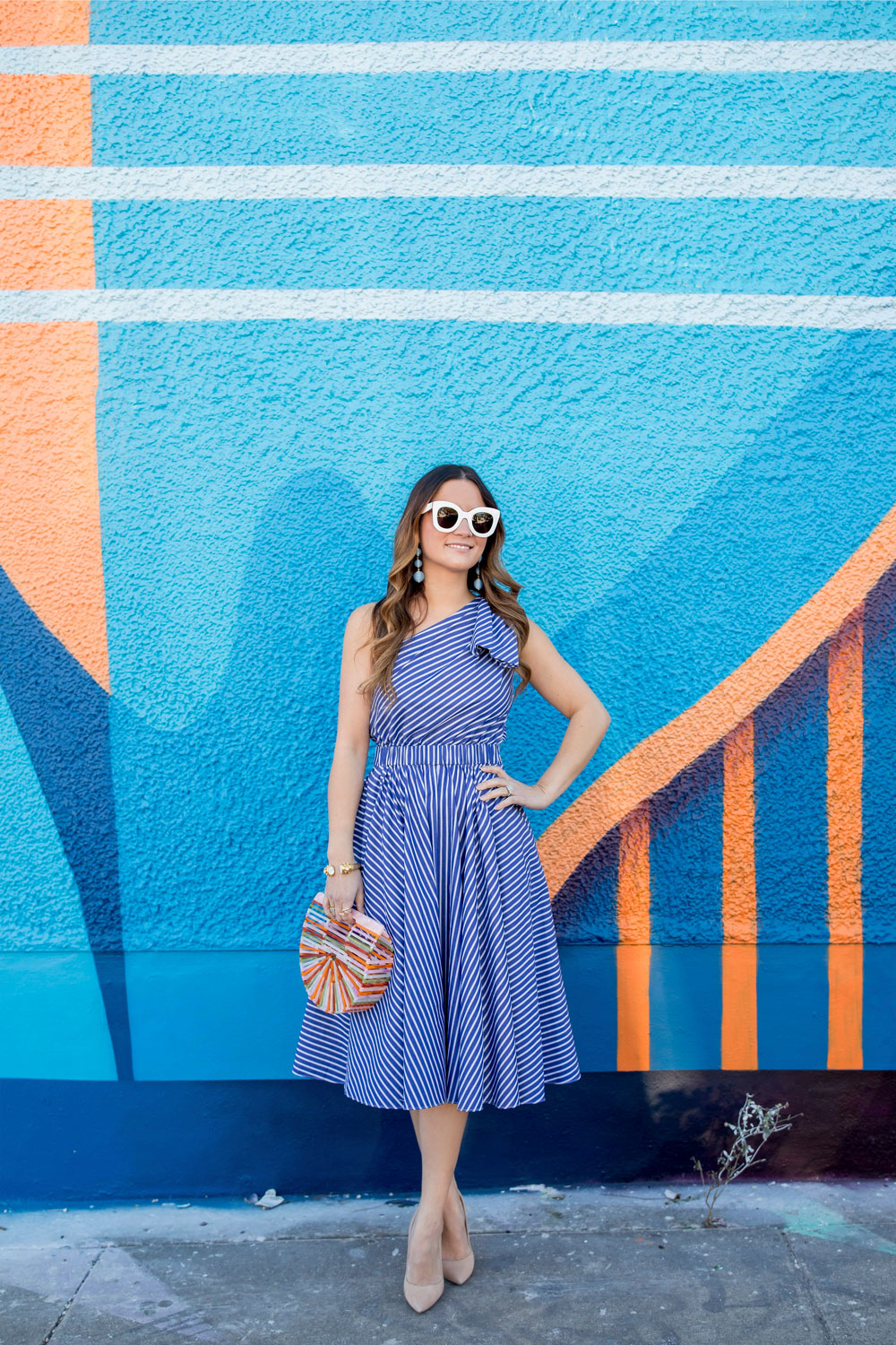 One Shoulder Blue Stripe Fit Flare Dress at Wynwood Walls Miami