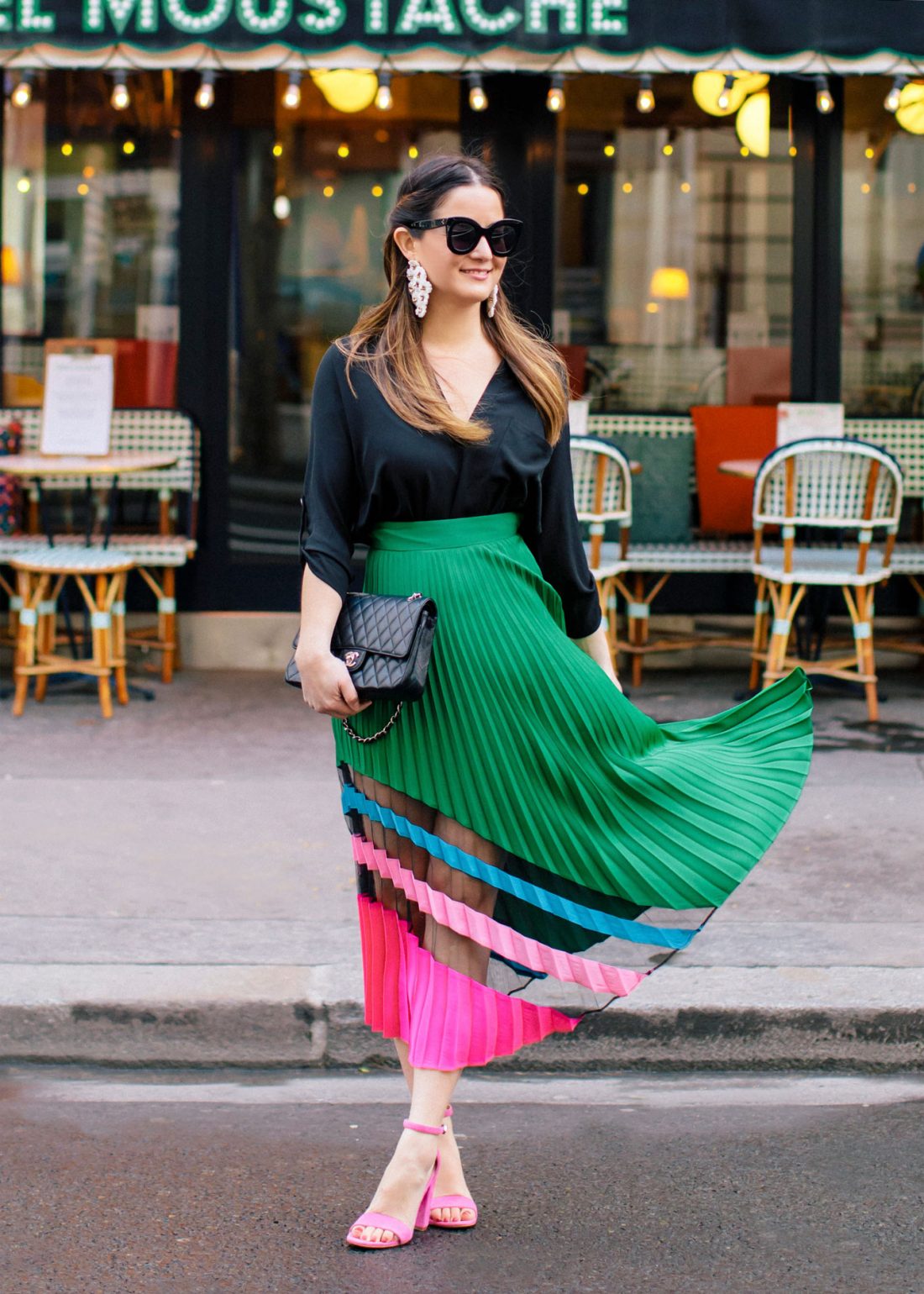 Milly Emerald Pleated Maxi Skirt at a Paris Bistro |Style Charade
