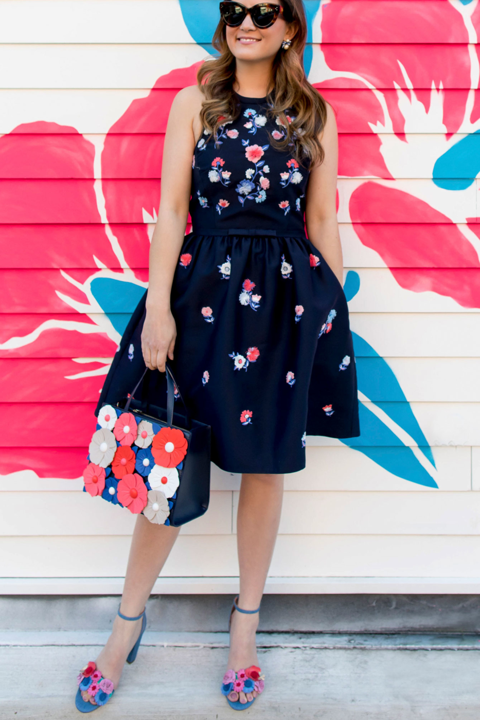 Kate Spade Navy Floral Embroidered Fit Flare Dress and Sam Bag