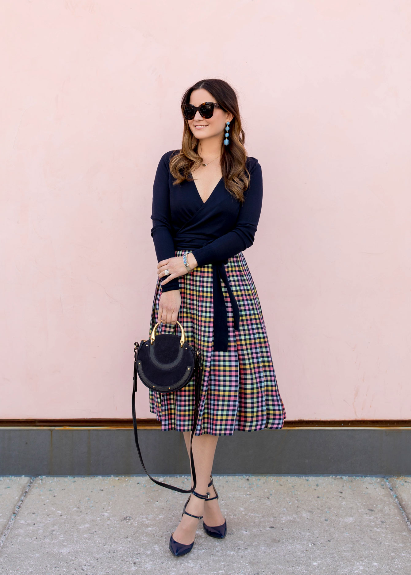 1901 Navy Check Pleated Midi Skirt and Navy Wrap Sweater