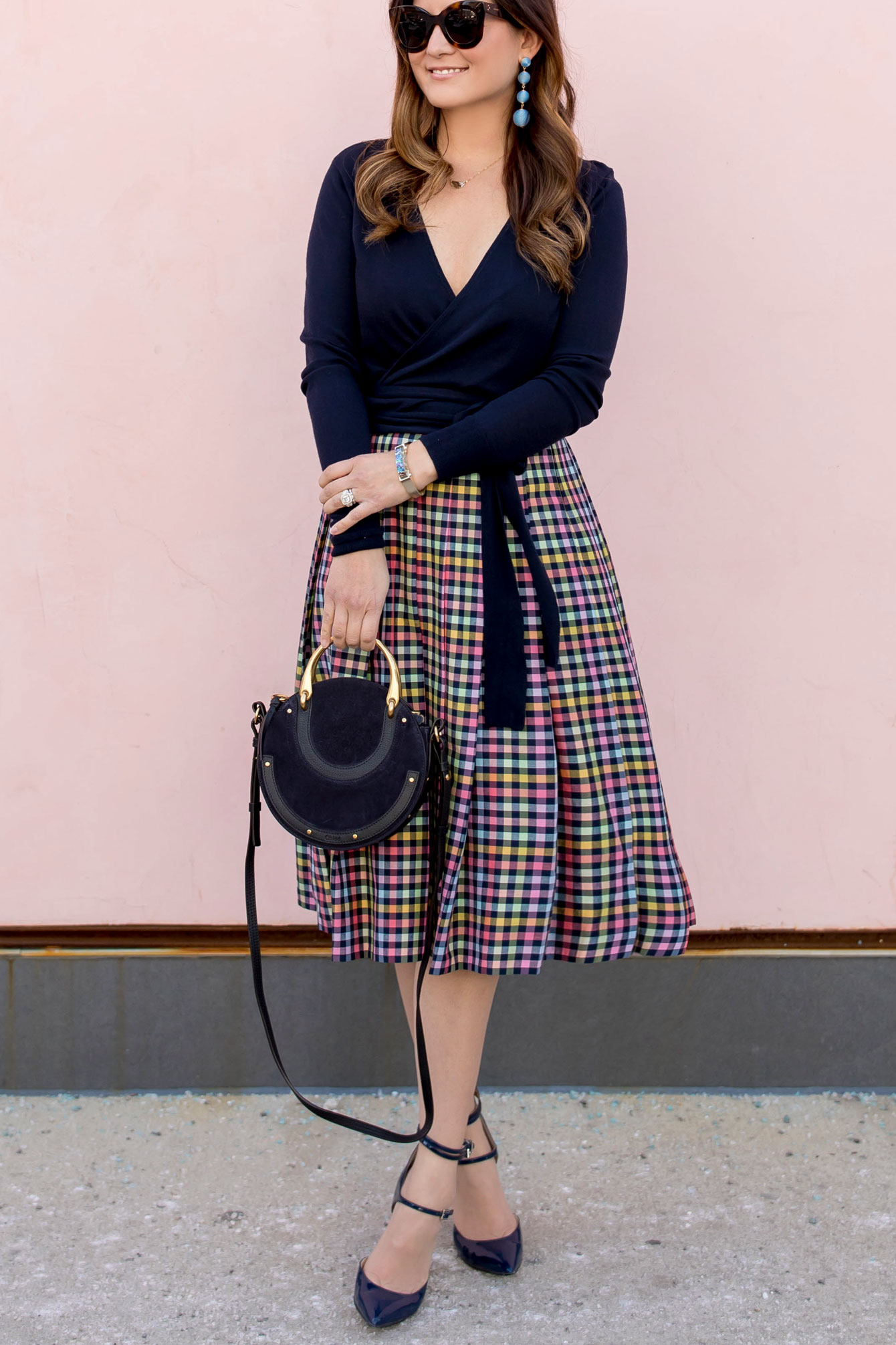 Navy check outlet pleated skirt