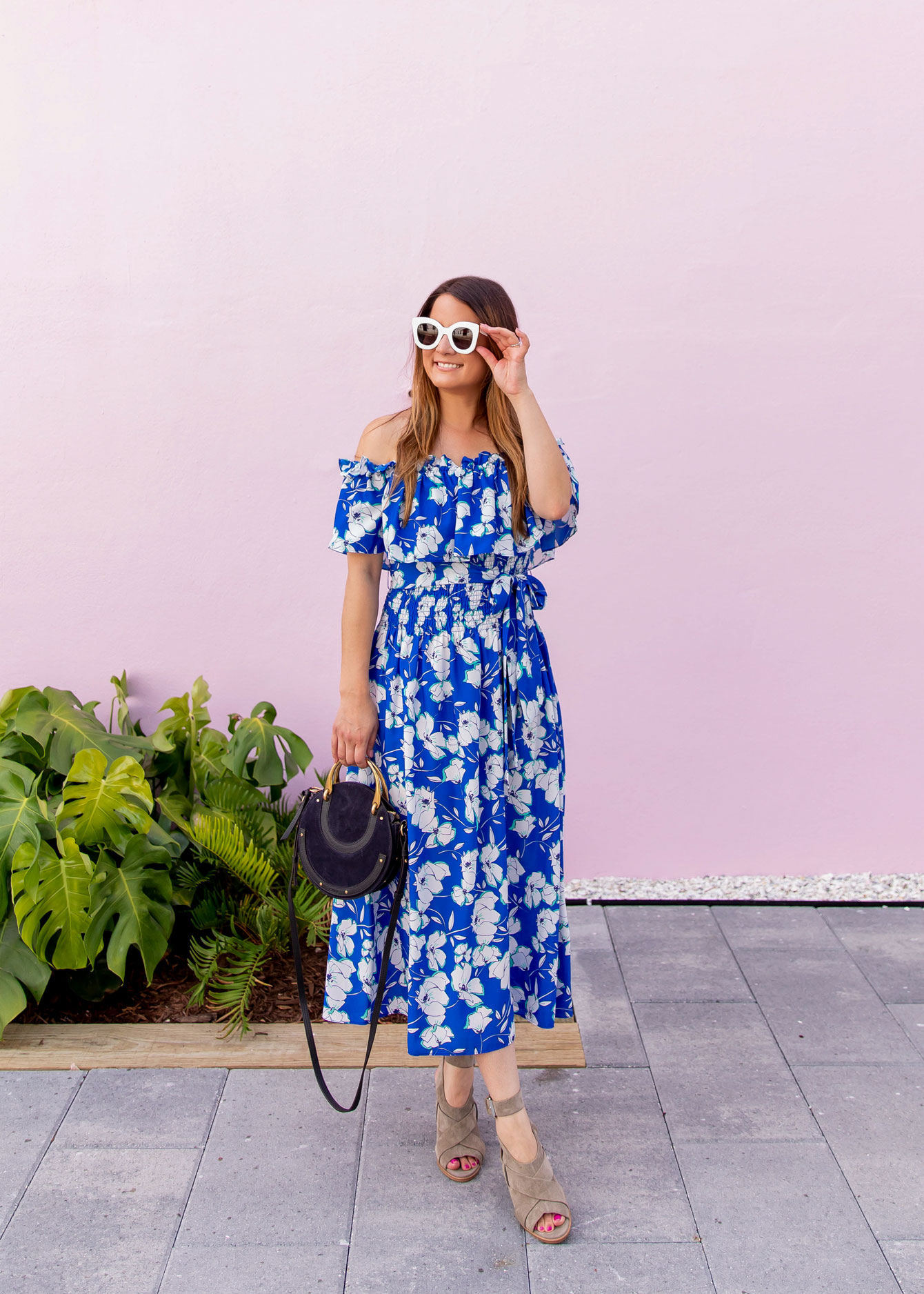 Off the Shoulder Tie Waist Midi Dress in Palm Beach - Style Charade