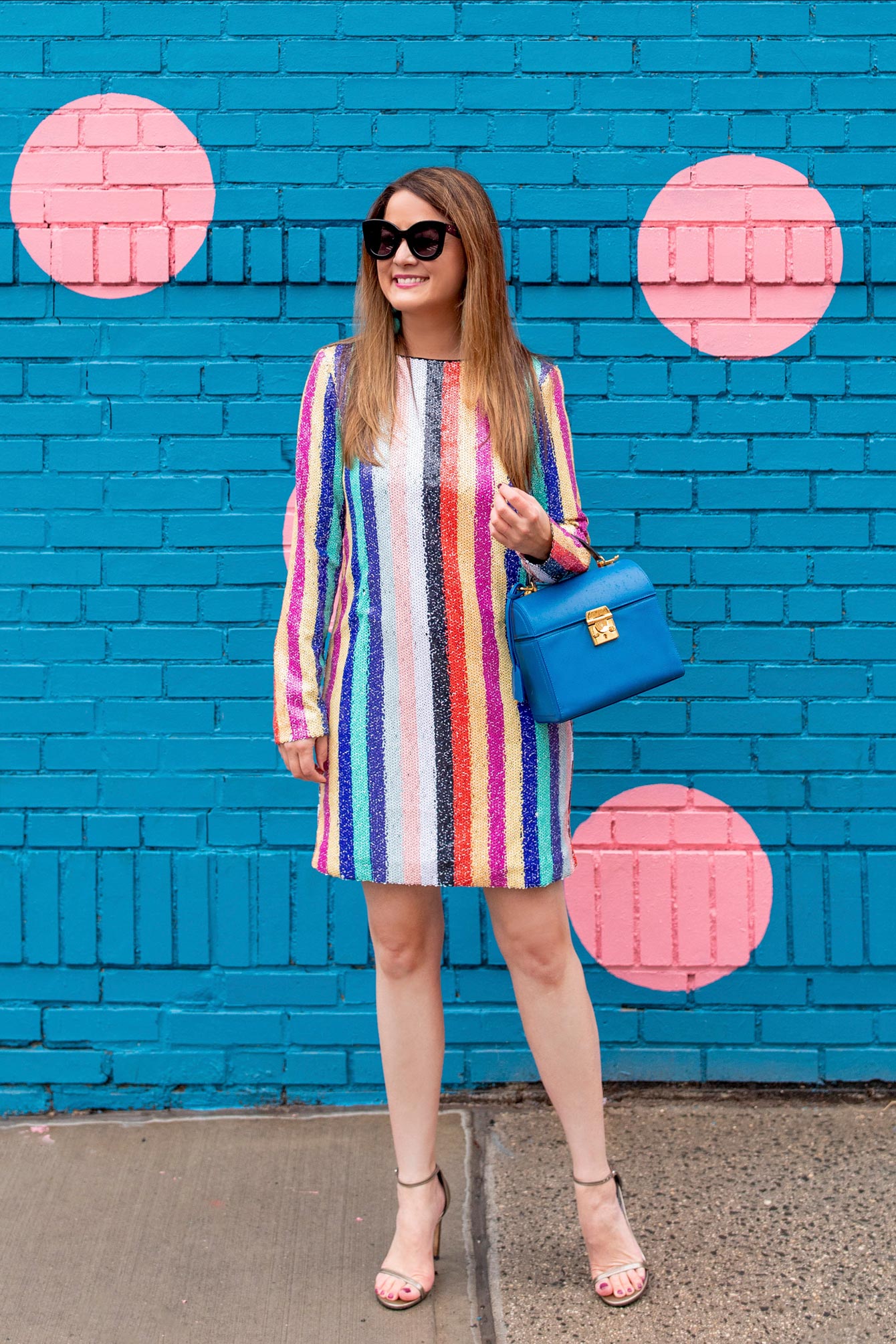 Teal Rainbow Sequin Stripe Dress Short Sleeve