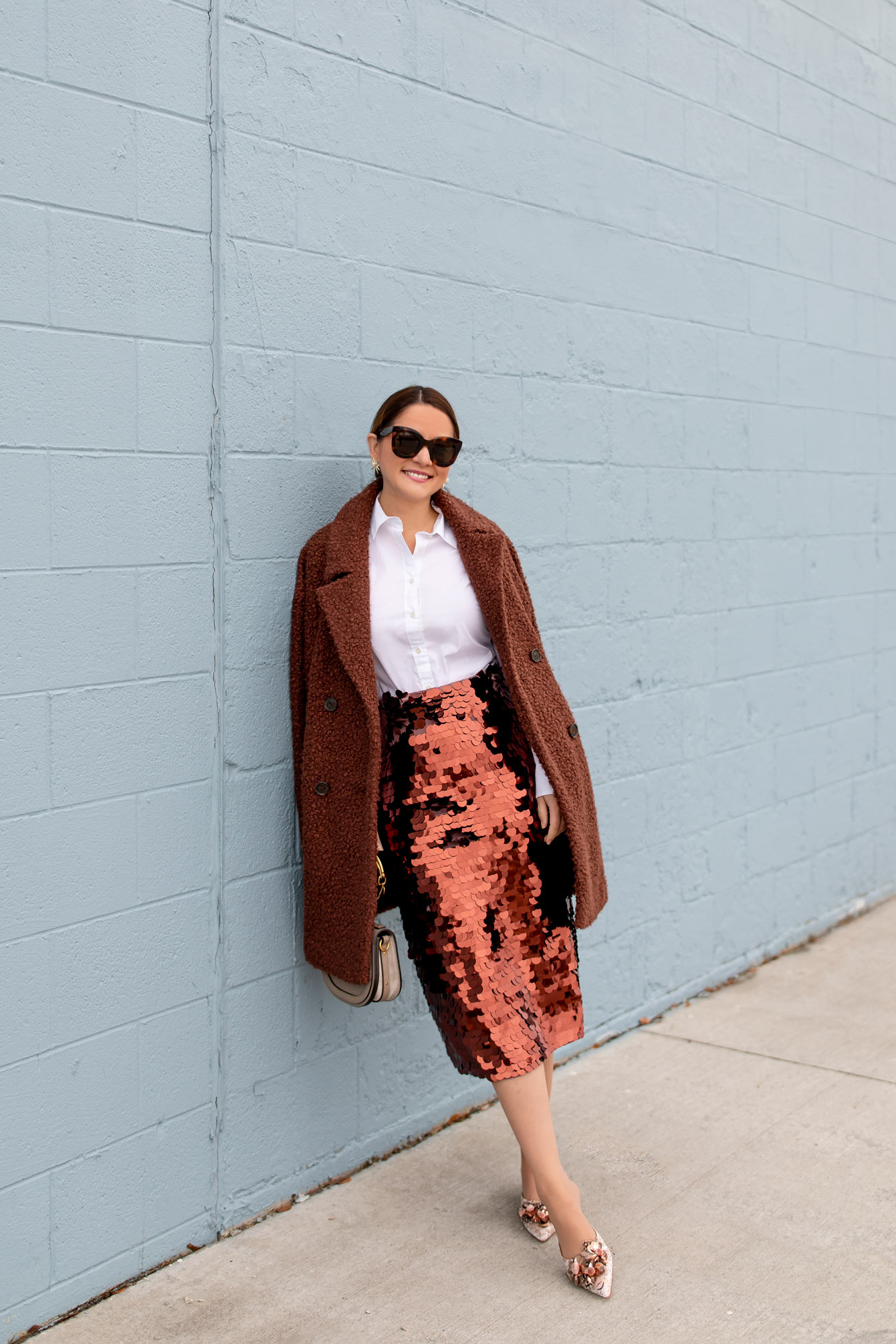 Styling a Copper Sequin Paillette Skirt and Teddy Coat - Style Charade