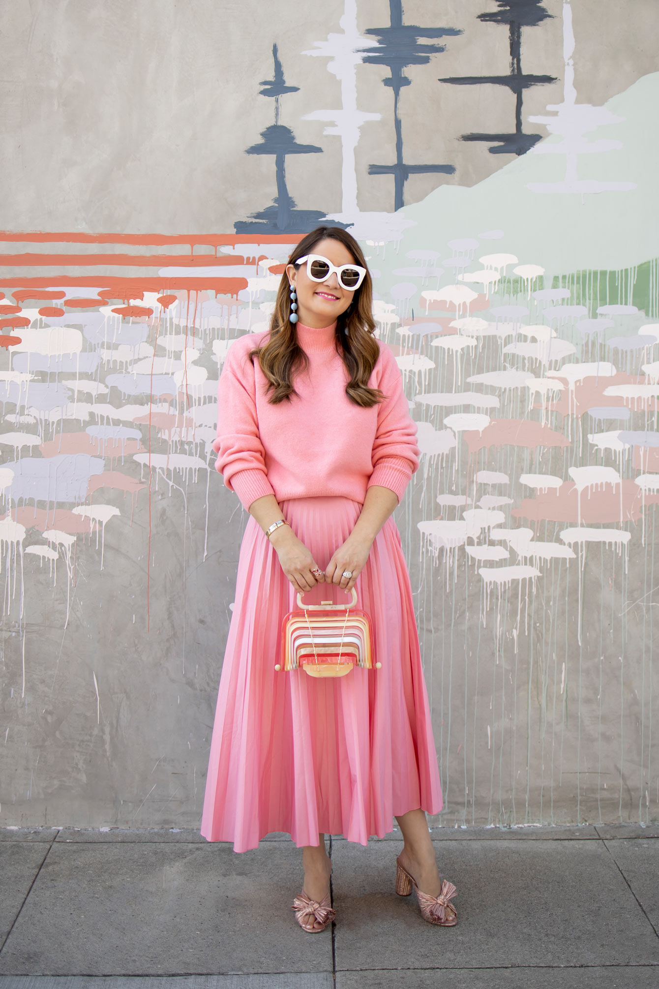 A Midaxi Pleated Skirt in Pink with Matching Sweater - Style Charade
