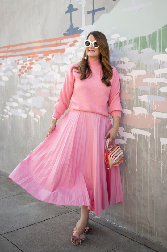 A Midaxi Pleated Skirt in Pink with Matching Sweater - Style Charade