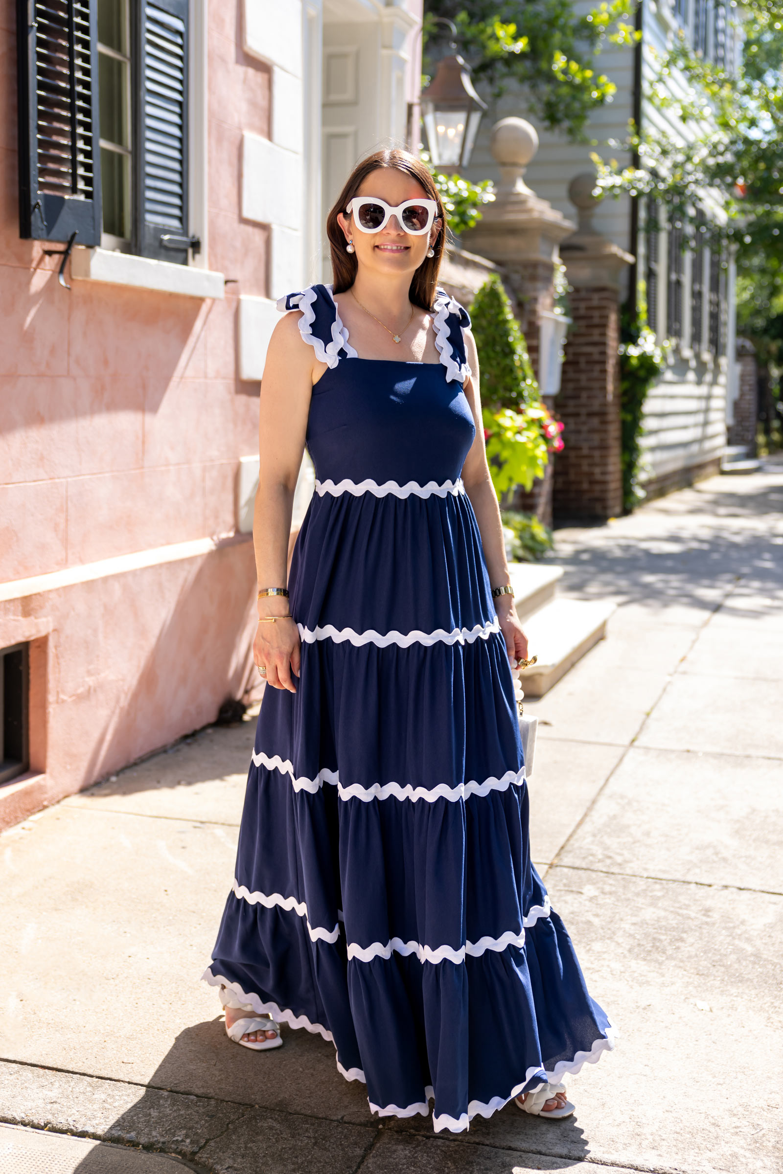 Navy Tiered Maxi Dress White Trim