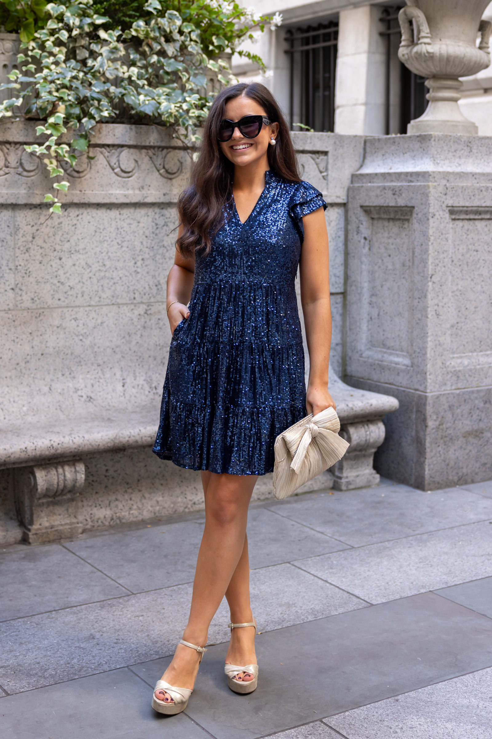 Blue Sequin Flutter Sleeve Dress