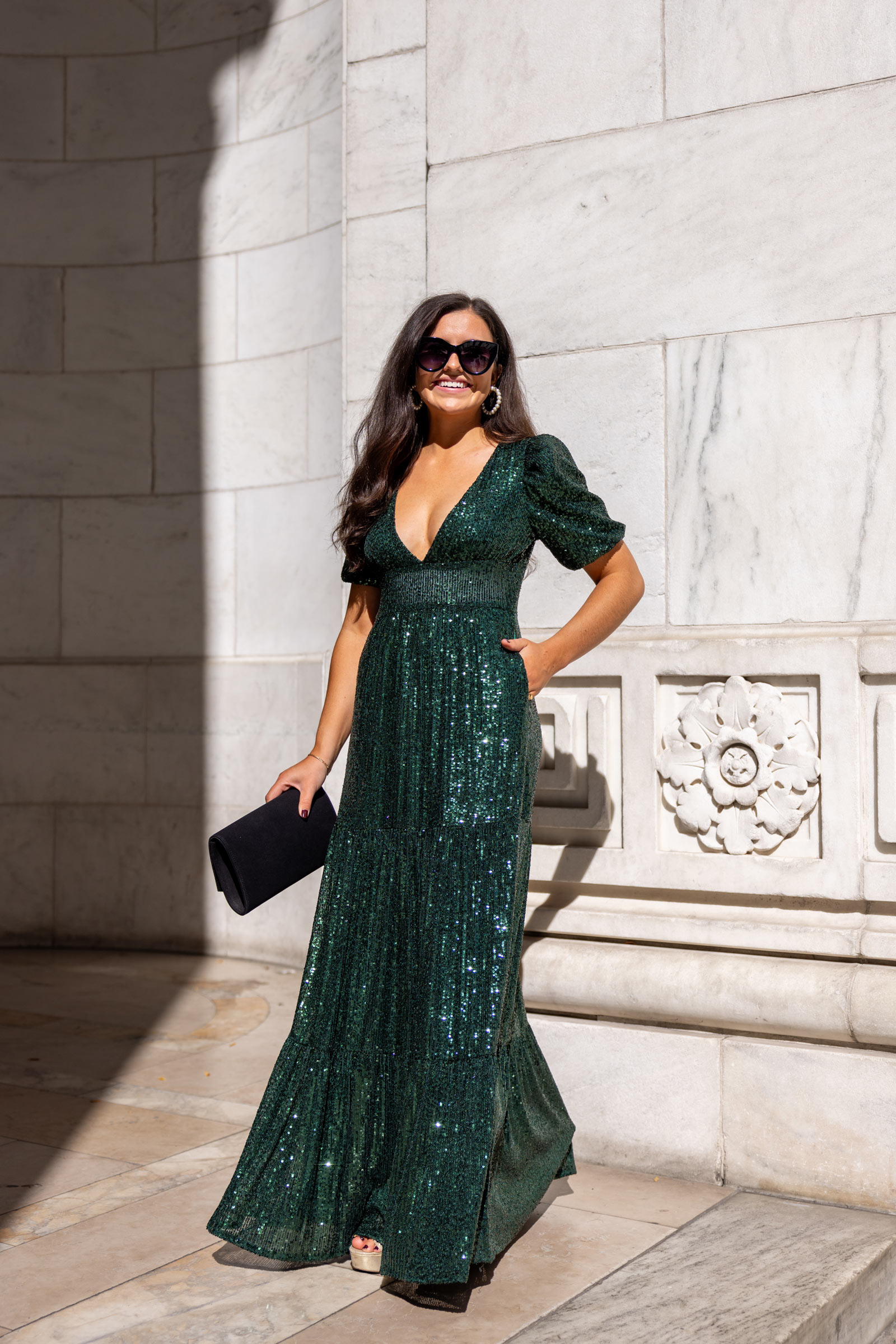 Emerald Green V-Neck Sequin Maxi Dress